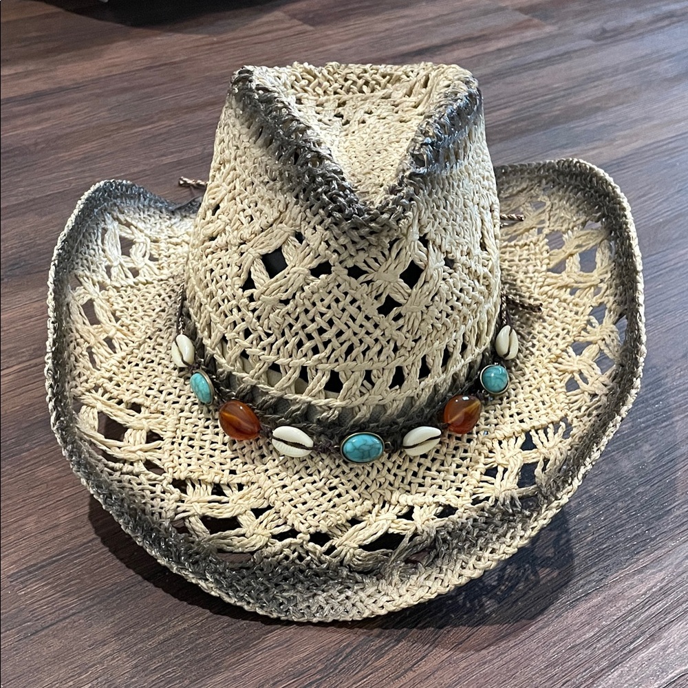Black Biege Woven Cowboy Hat with Beaded Accents